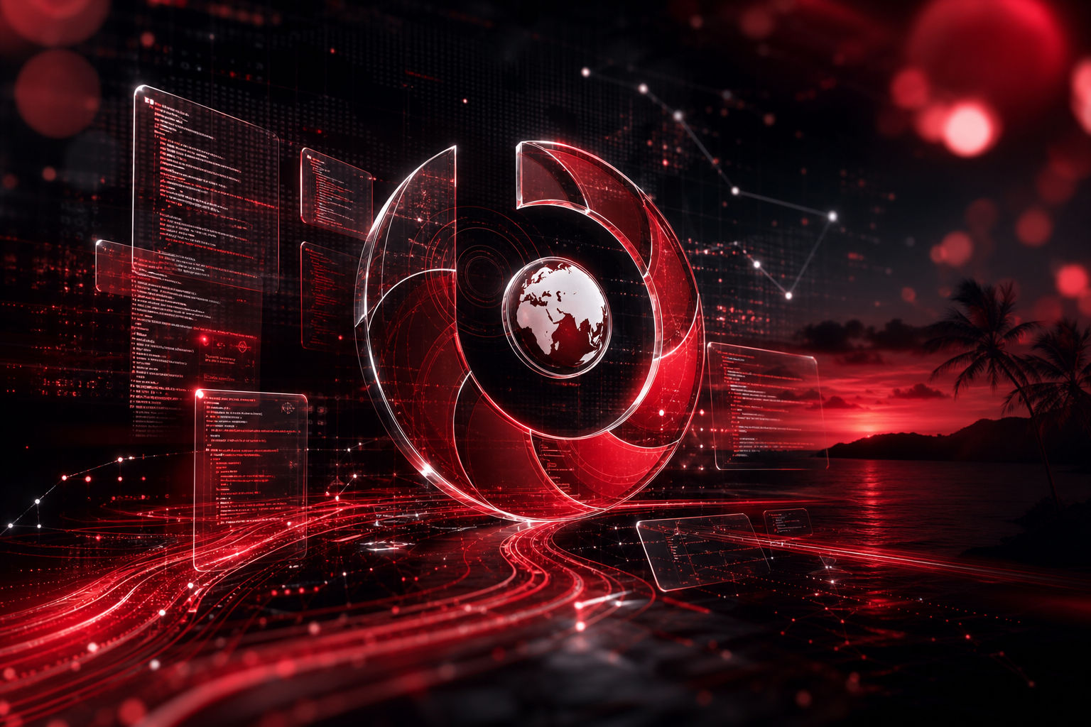 Abstract visualization of code, a globe, and data streams in Back Office Vi brand colors